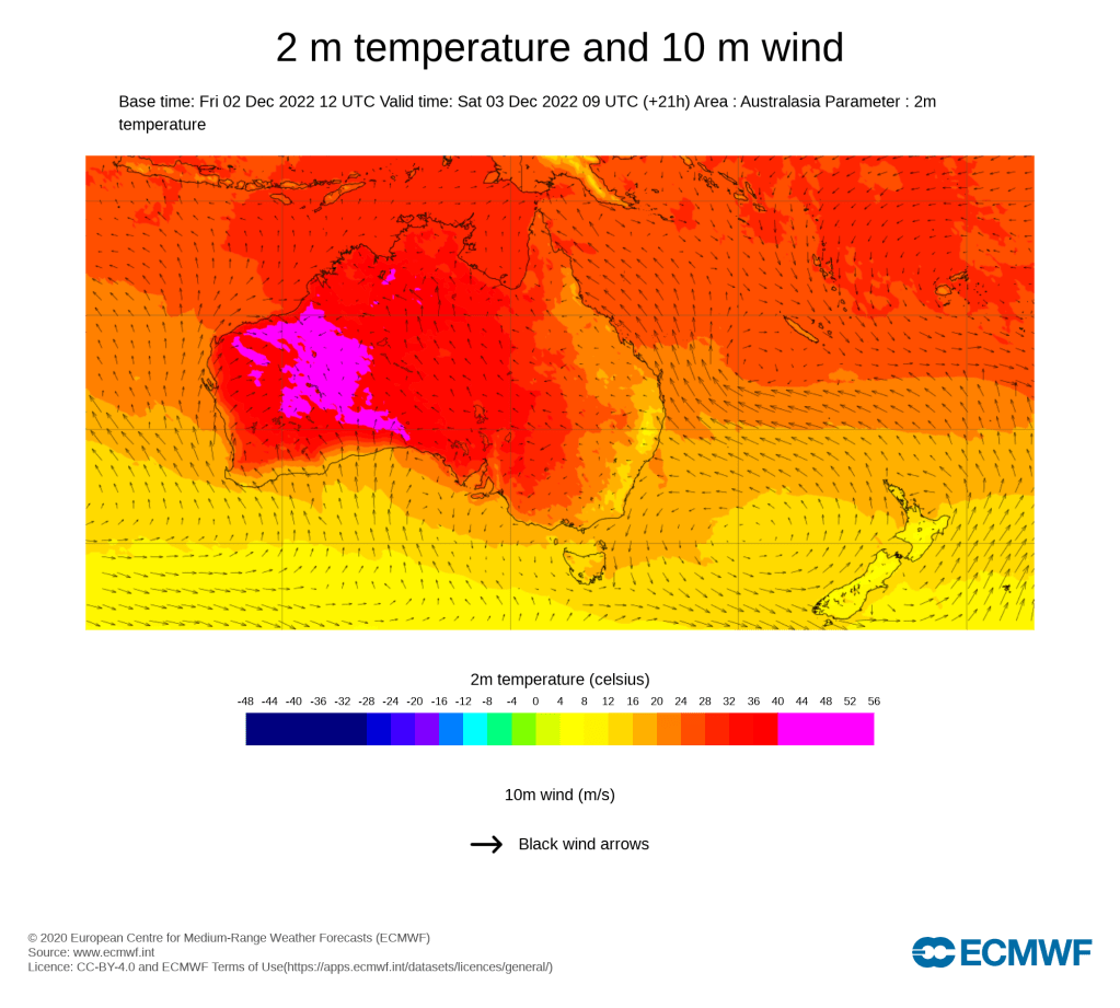 Picture of the 2m temperature and 10m wind speed across Australia from the ECMWF