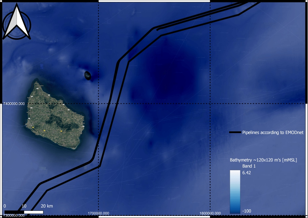 Images of the pipelines and the emodnet bathymetry across the baltic sea with a focus on the area near the pipelines.