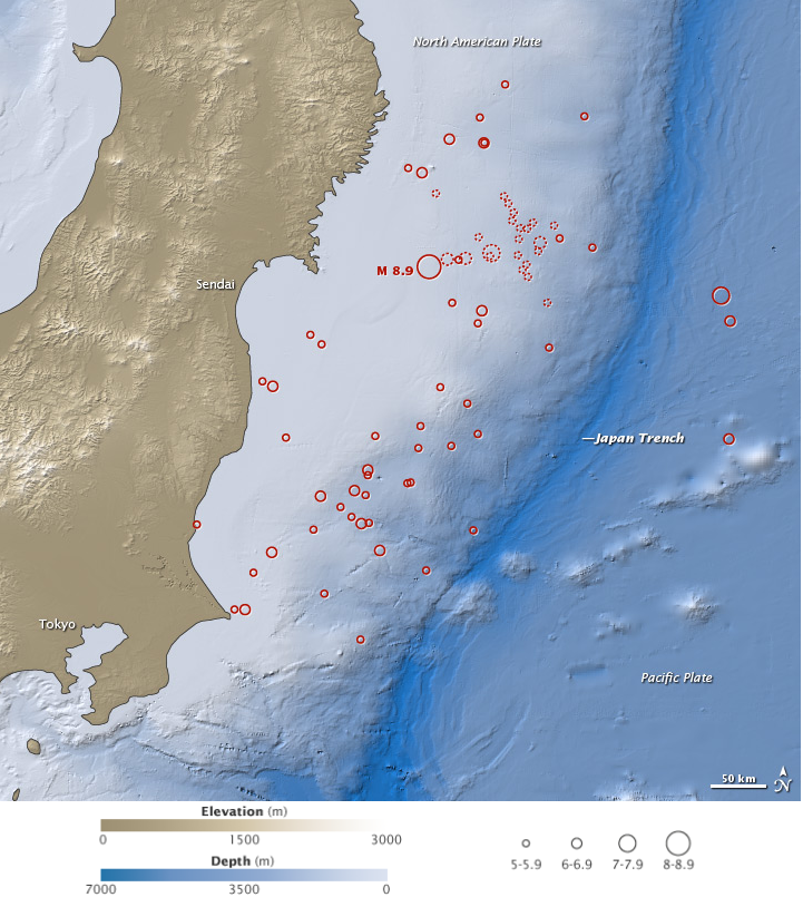 Earthquake epicenters. GIS- (Geographical Information System) image of the magnitude 8.9 earthquake nearby Sendai. Measurements of aftershocks and epicenter of earthquake is shown with red circles.