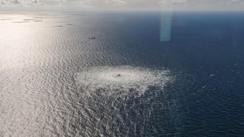 Picture of the eruption and methane leakage from the north stream pipeline as seen from a helicopter view.