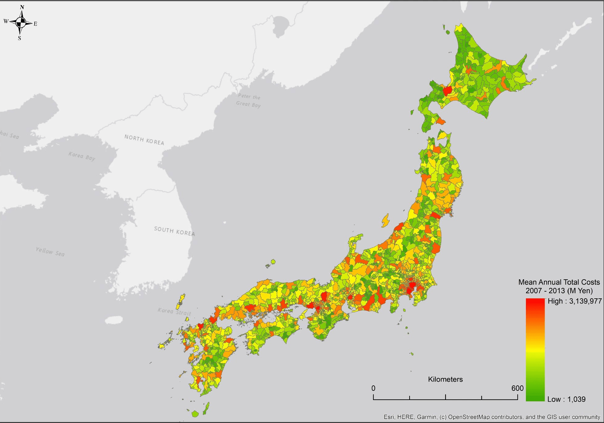 Fiscal mean annual loss as a result of earthquakes happening across Japan. The mean annual costs are based on the municipalities and displayed in GIS format. This is important when trying to investigate effective investment strategies.