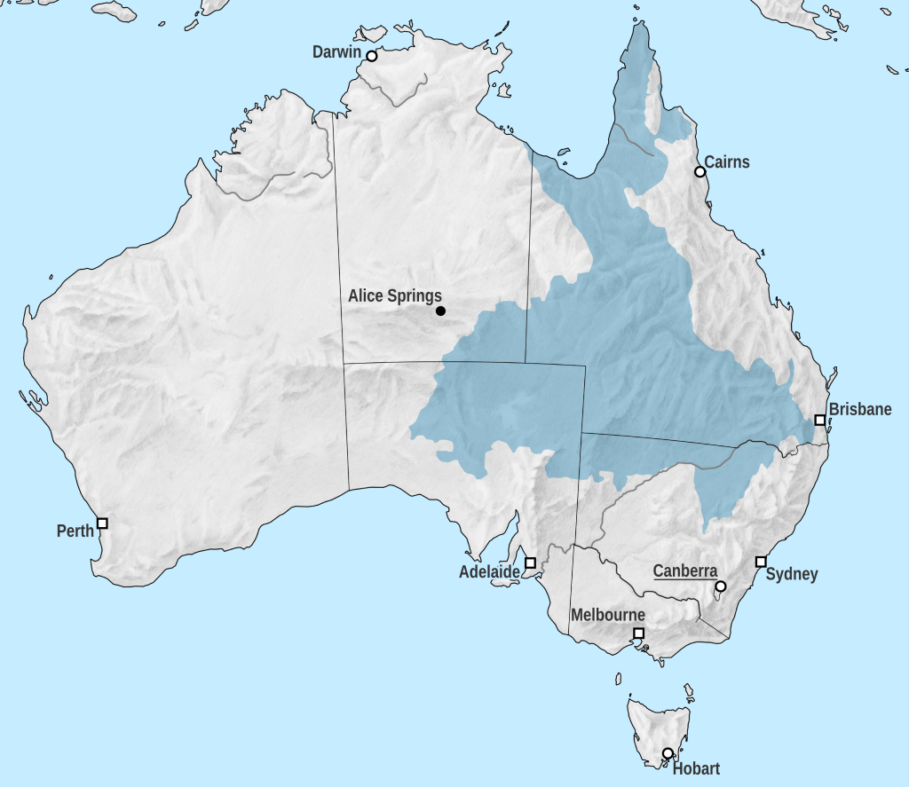 Location of the great artesian basin in Australia. The artesian basin is made of aquifers underlying impermeable layers such as clay.
