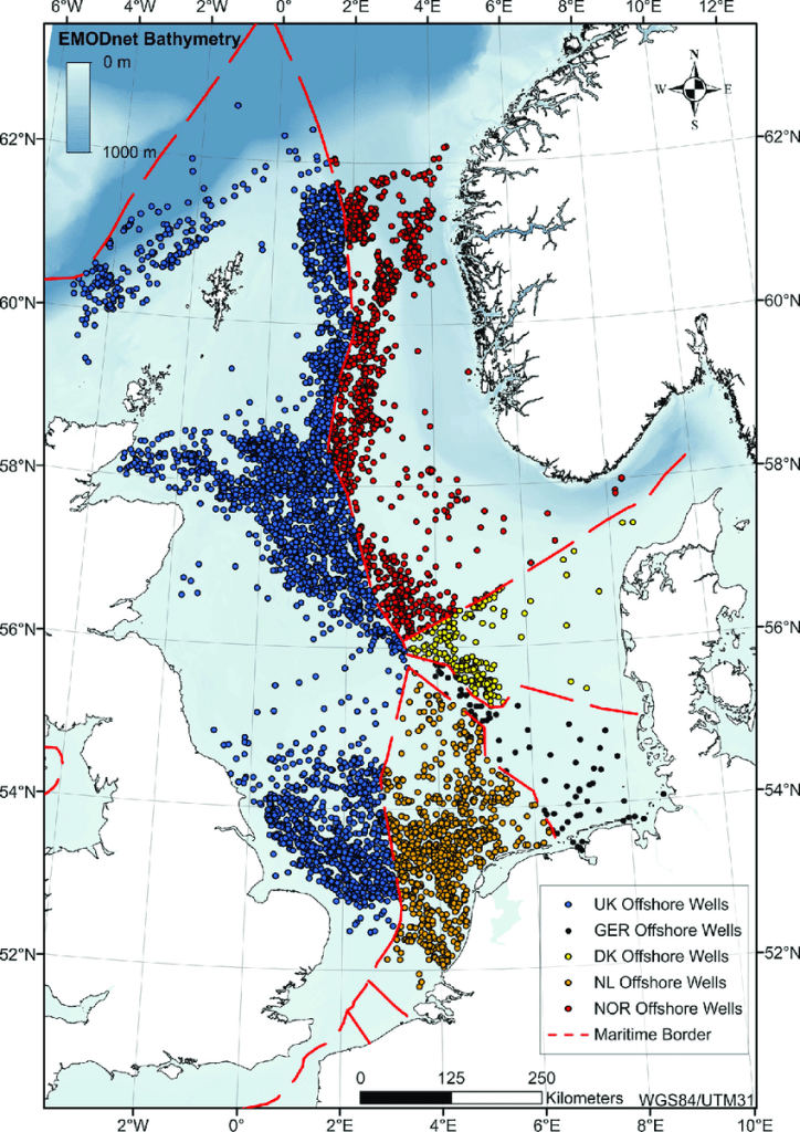 Map over all offshore wells for oil and gas in the North sea. Marked on the map is the borders, wells and bathymetry from Emodnet considering the entire north sea.