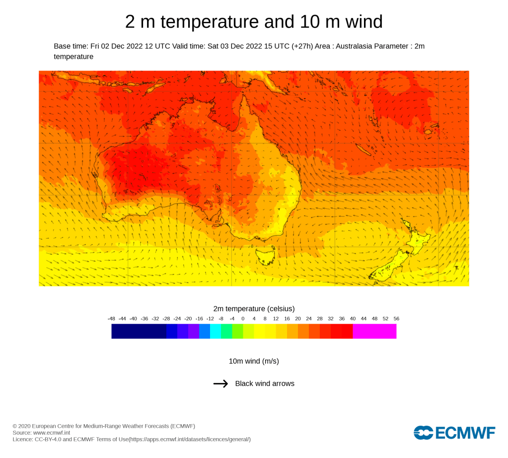 Picture of the 2m temperature and 10m wind speed across Australia from the ECMWF