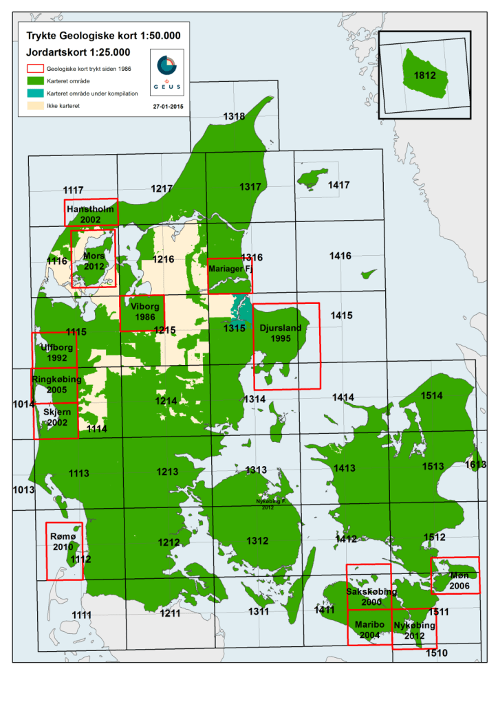 Distribution of GEUS measurement campaign across the Danish border in relation to the creation of a trustworthy soil map. The dates across the individual towns showcases when measurements were apprehended. The green areas show a nice coverage while the blank areas are missing sufficient amount of data 