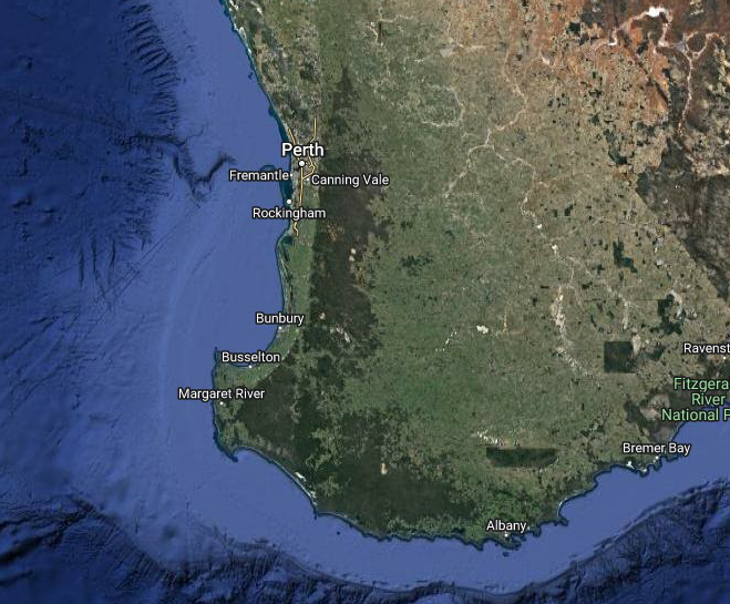 Location of Perth in a map of the southern part of western Australia