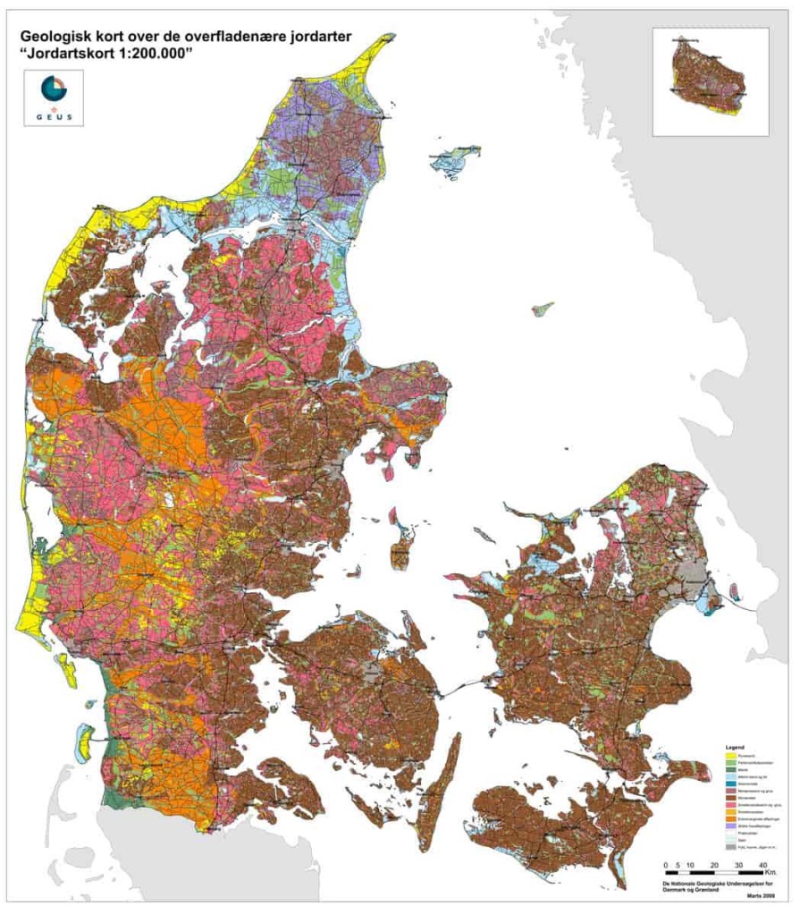 Geological map over the Danish territory with differences in the soil characteristics given in a depth of 1 m below the surface, both clay and sand are present on the map.