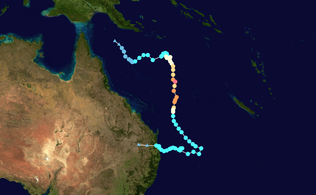 Path over the cyclone hitting the eastern part of the coast of Australia.