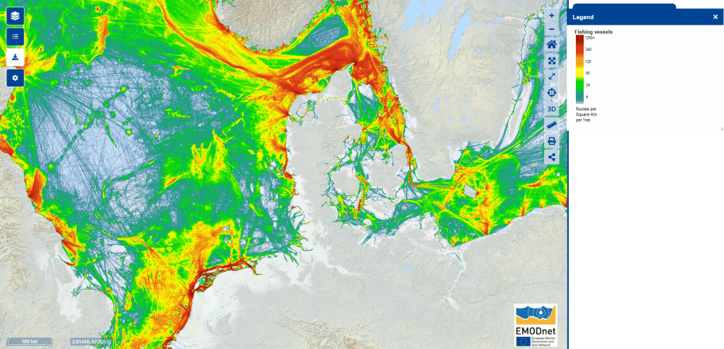 Vessel density map of annual average intensity of fishing vessels in Denmark elucidating the overall distribution and intensity of fishing within the Danish waters.